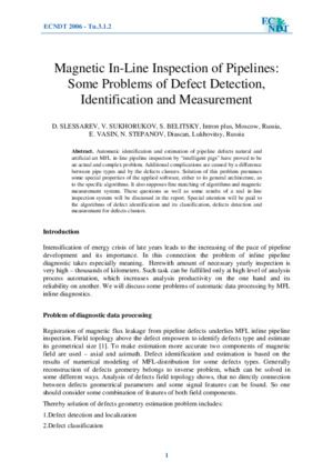 管道磁性在线检测：缺陷检测、识别和测量的一些问题。